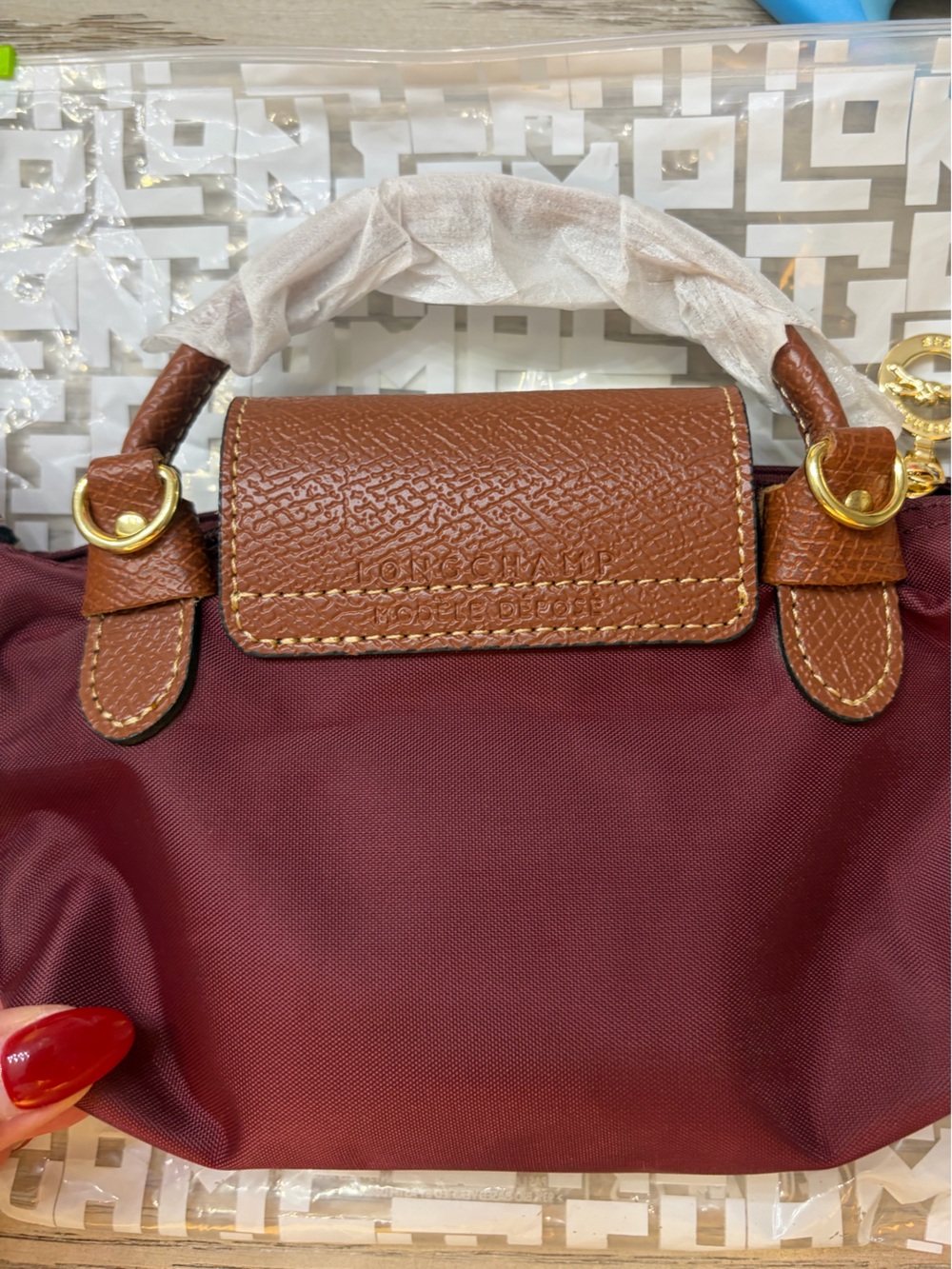 Longchamp Burgundy Shoulder Bag with Brown Leather Trim